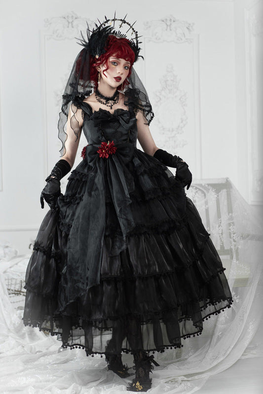 Hanayome Gothic Lolita JSK Dress with Pearl and Bow, Black
