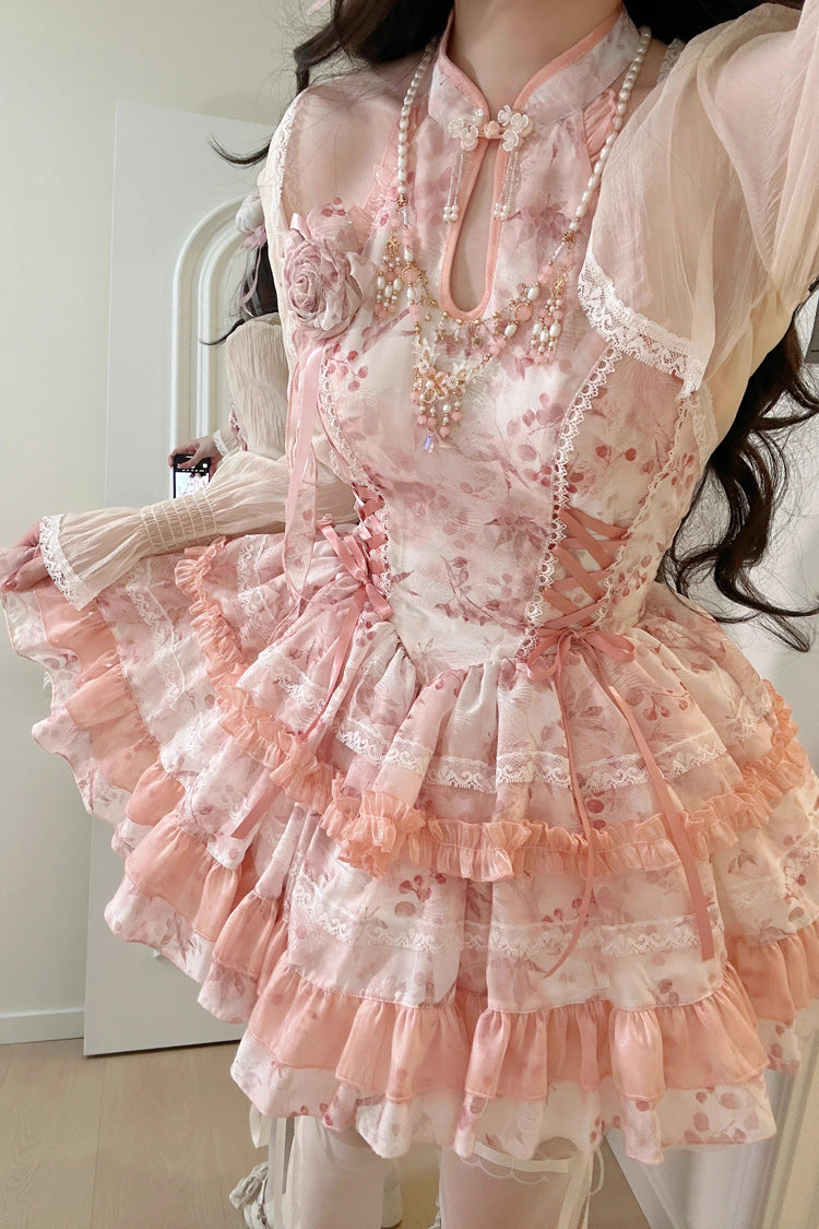 Rose Moon Bamboo Halter Multi-Tier Printed Frill Sweet Chinese Lolita Gown in Two Tones