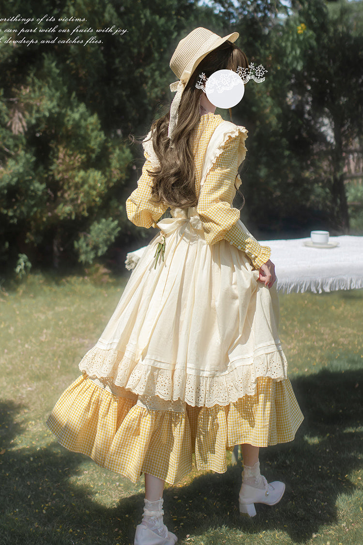 Yellow Long Sleeve Print Dress with Lace-Up and Ruffles