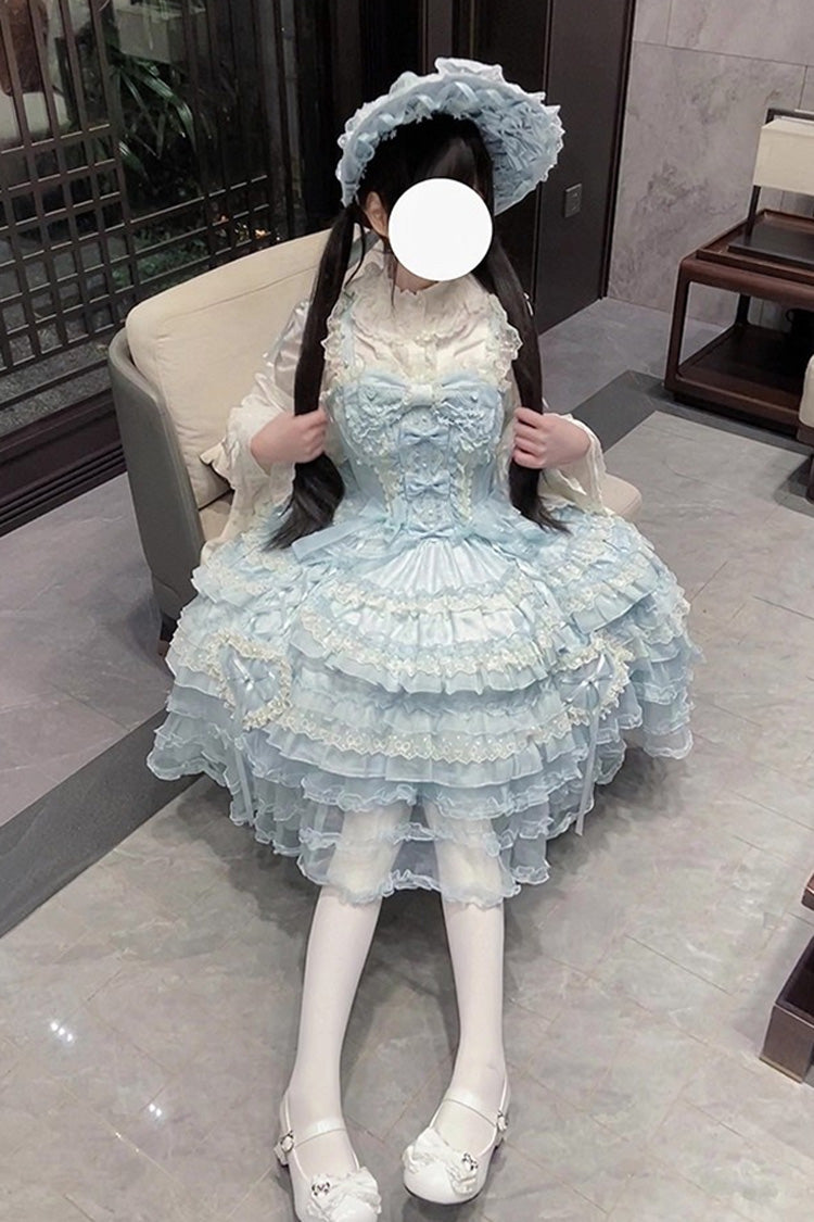 Blue Multi-Layered Ruffled Hanayome Embroidered Bow Lace Sweet JSK - Sweetheart Diary