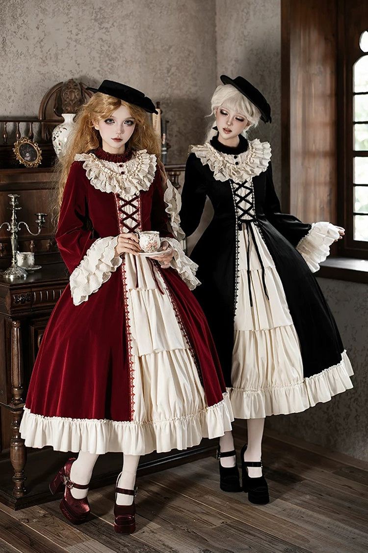 Gothic Lolita Dress with Ruffled Open-Front Bow and Lace-Up - Black