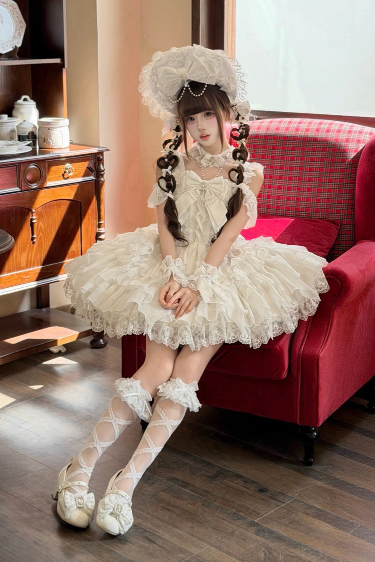 Ivory Ballet Pearl Square Neck Sleeveless Tiered Ruffle Bow Lace-Up JSK