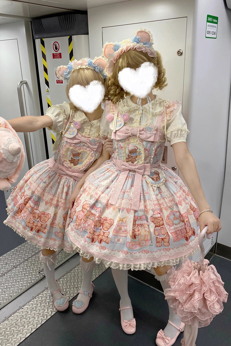 Bear Anniversary Celebration Sleeveless Printed Ruffled Bow Sweet Lolita Tank Dress Two Colors