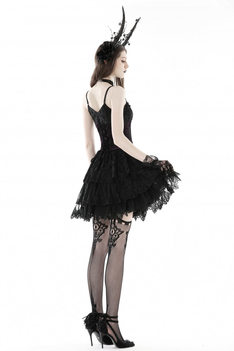 Black/Purple Multi-Layer Lace Lace-Up Gothic Dress