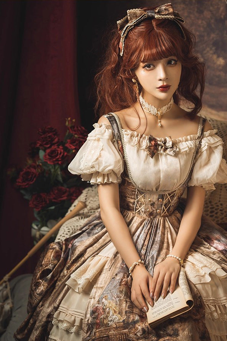 Oil Painting Bowknot Lace Elegant Palace JSK in Brown