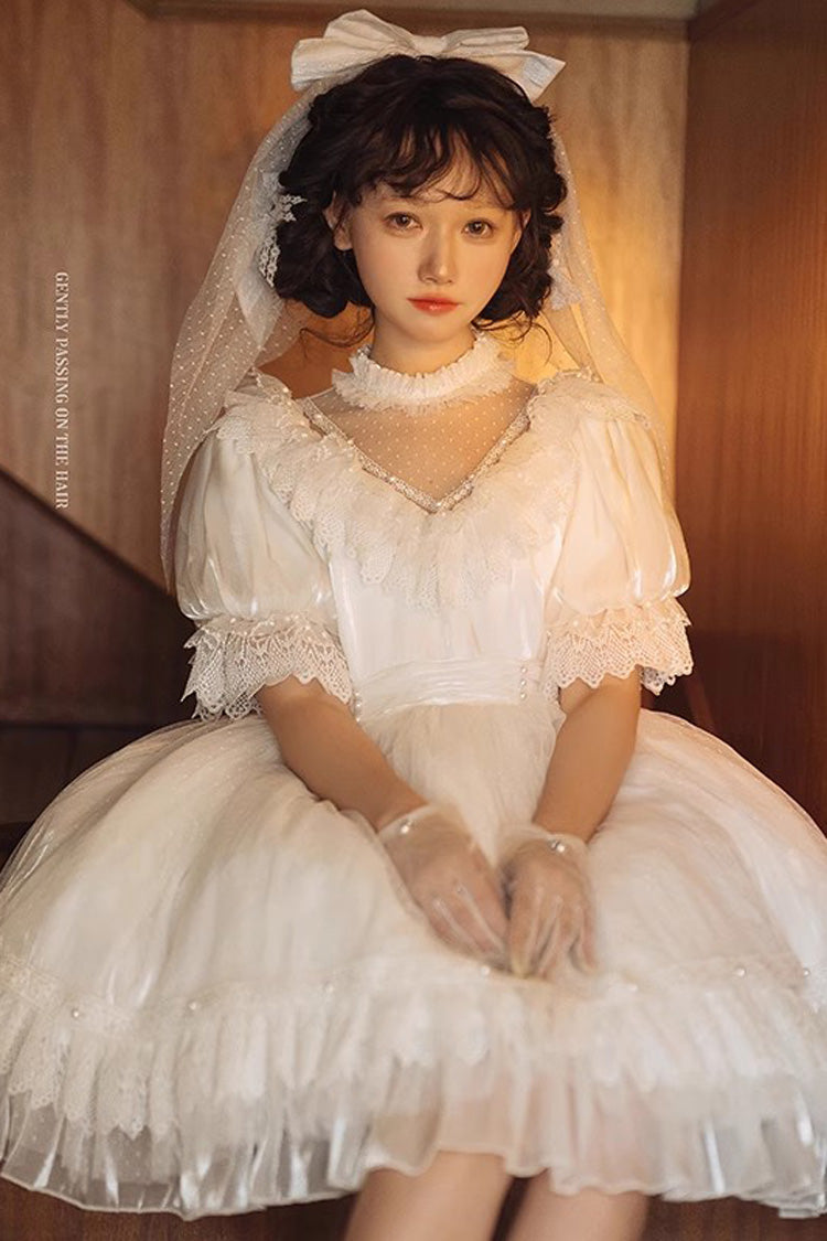 White Layered Ruffle Hanayome Hollow Bow Lace Vintage Gorgeous Lolita Dress