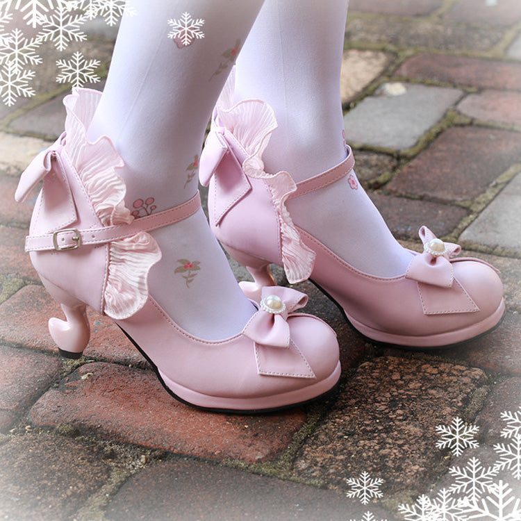 Ribbon-Strap Ruffle PU Girly Lolita Pumps - Multiple Shades