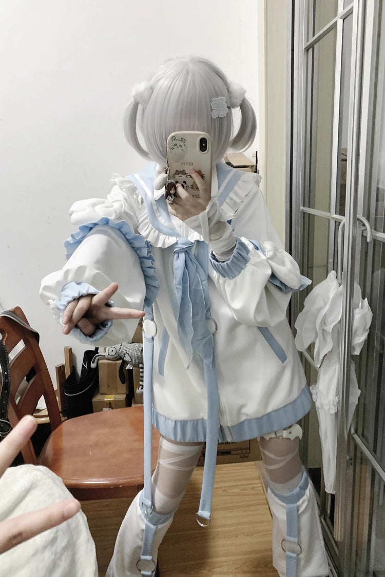 Angelic Letter Print Long Sleeve Coat in White/Blue