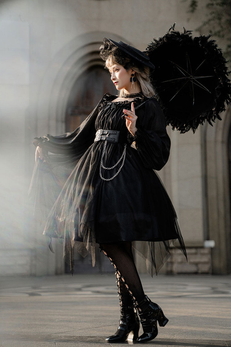 Black Square Collar Gothic Lolita OP Dress Metal Chain Organza Stitching - Altfashion Shop