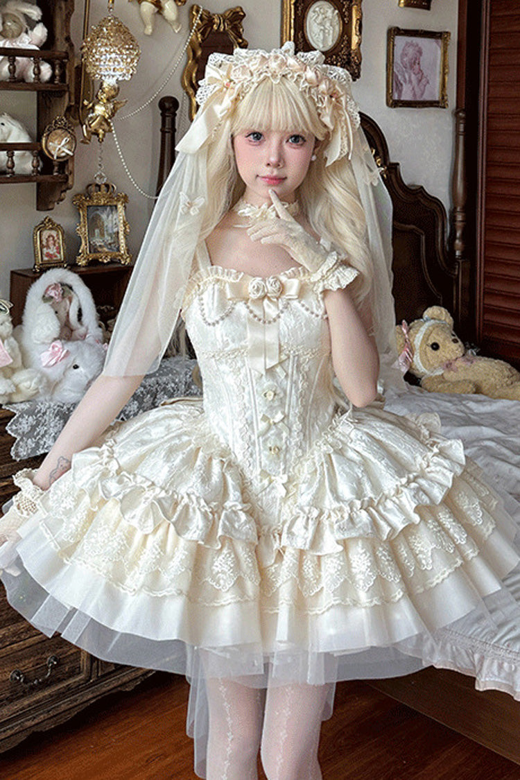 Ivory Sleeveless Multi-Layer Ruffled Bow Lace Lace-Up Sweet Princess Lolita JSK