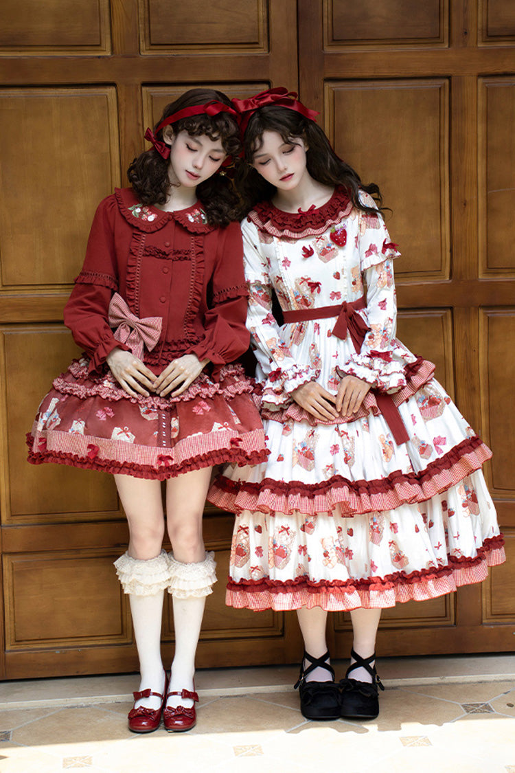 Blush Pink & White Berry Farm Print Long-Sleeve Layered Ruffled Sweet Lolita Gown