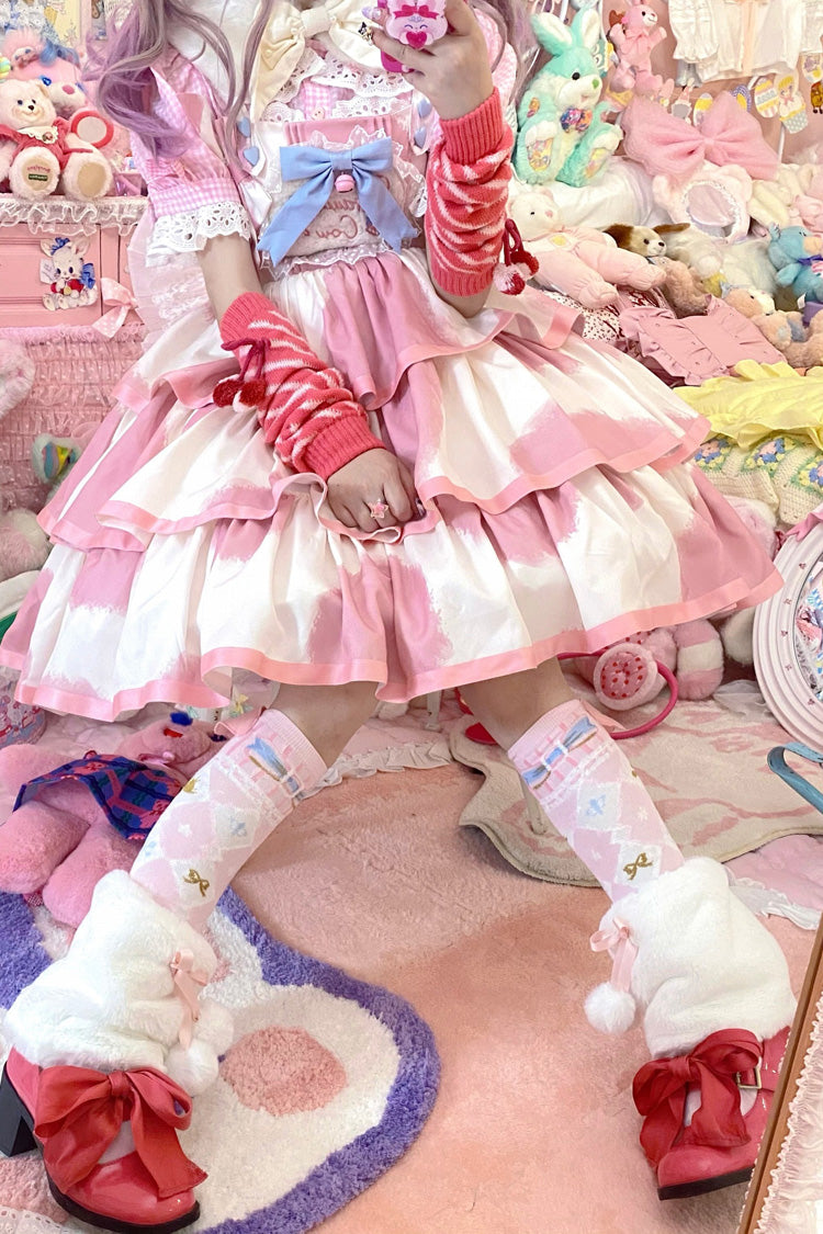 Pink Sleeveless Cow-Print Triple-Layer Ruffle Bow Sweet JSK Dress