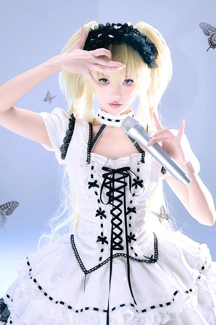 White Long Trumpet Sleeve Double-Layered Ruffled Bow Lace-Up Gothic Skirt Set