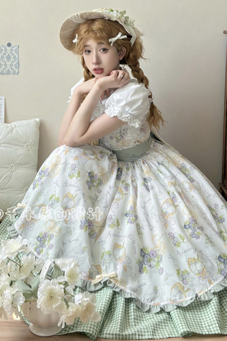 Blueberry Early Summer Sleeveless Print Ruffle Bow Sweet Lolita Jsk Dress
