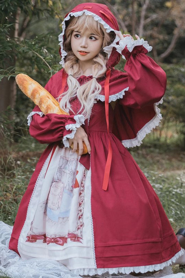 Little Red Riding Hood Red Sleeveless Print Ruffle Bowknot Sweet Princess JSK Dress