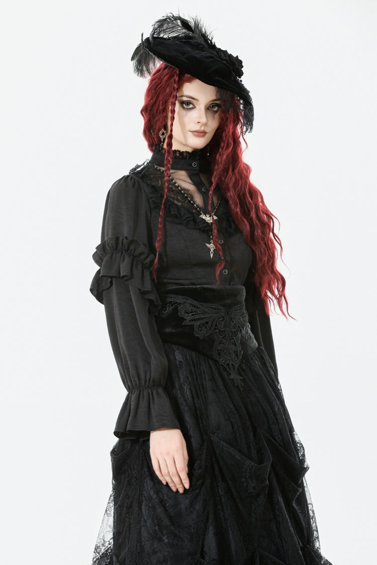 Gothic Sheer Blouse with Stand Collar and Lantern Sleeves