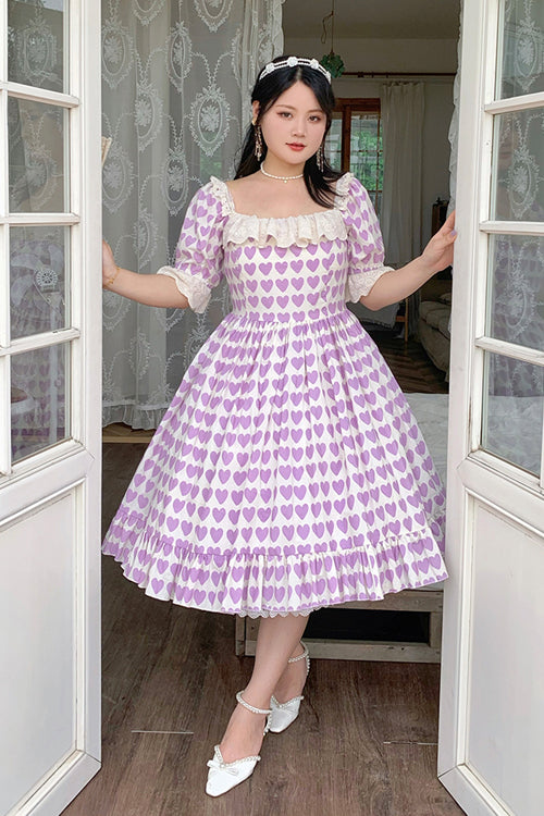 Violet Heart-Printed Ruffled Square-Neck Plus-Size Lolita One-Piece