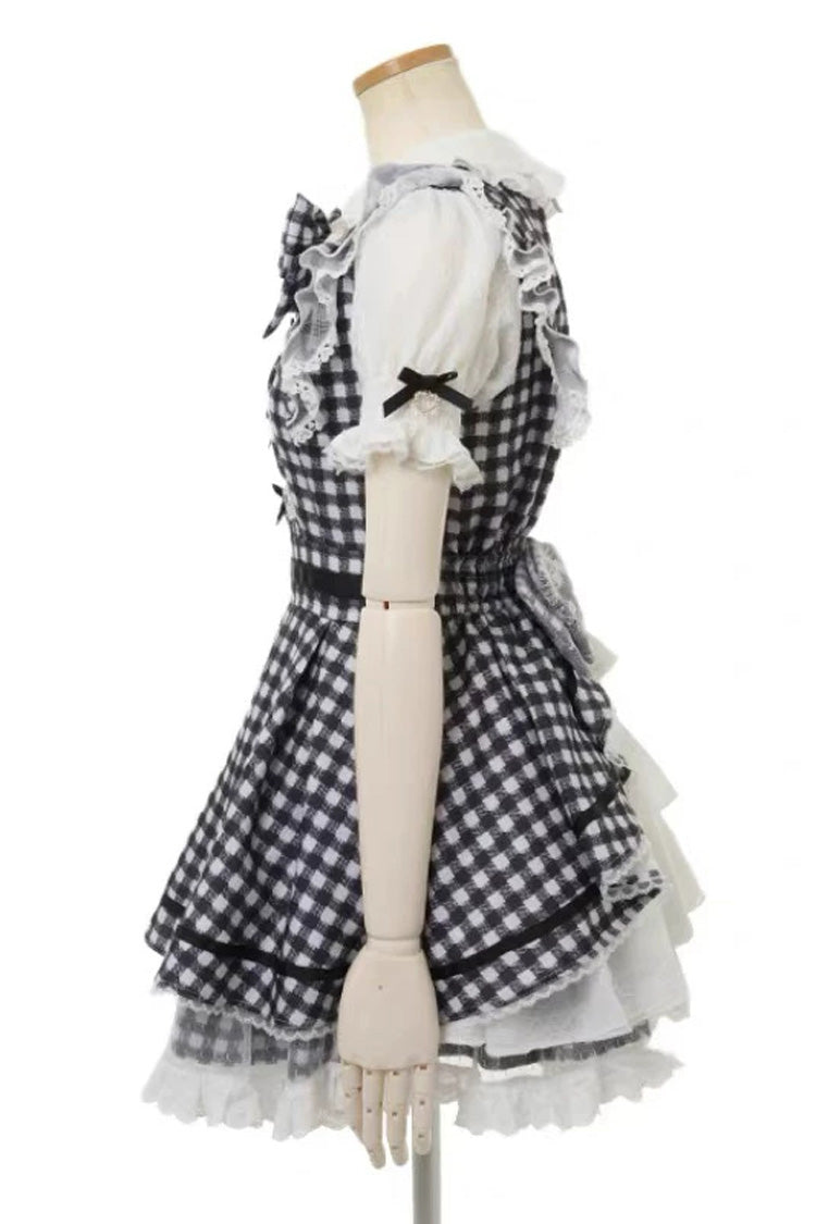 Lapel Collar Plaid Print Bow Plus Size Jirai Dress and Shorts Set in Three Colors