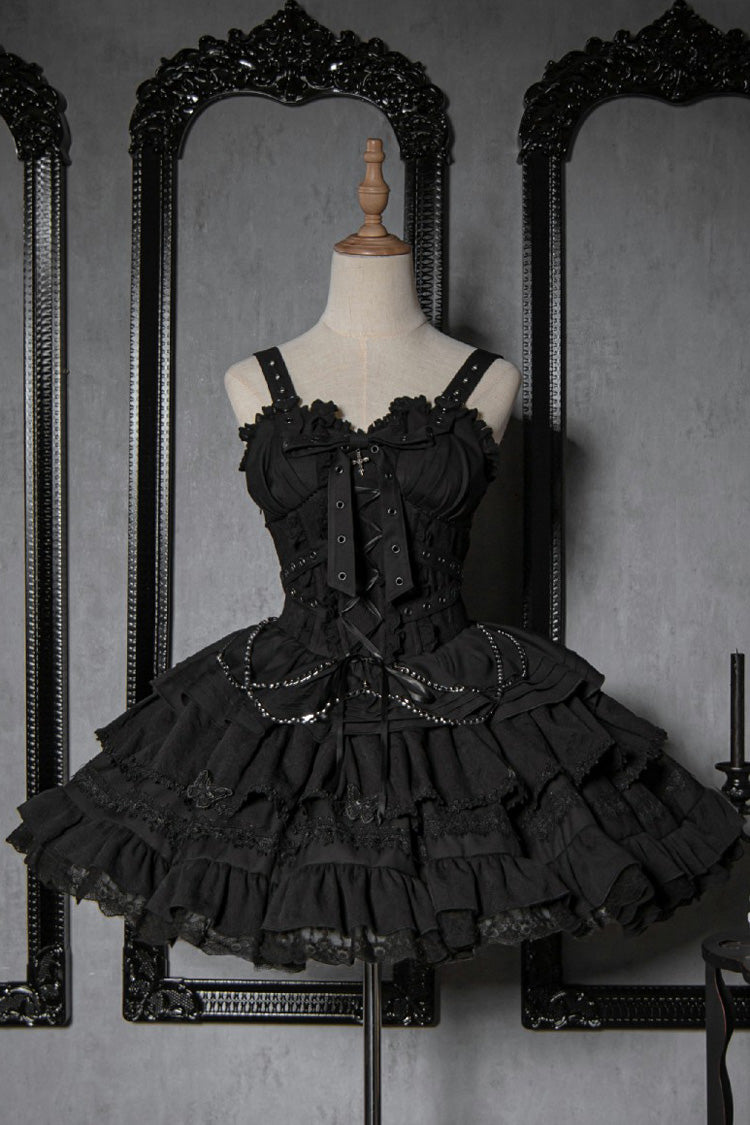 Sleeveless Triple Ruffle Bow Lace Up Gothic Lolita Jsk Dress