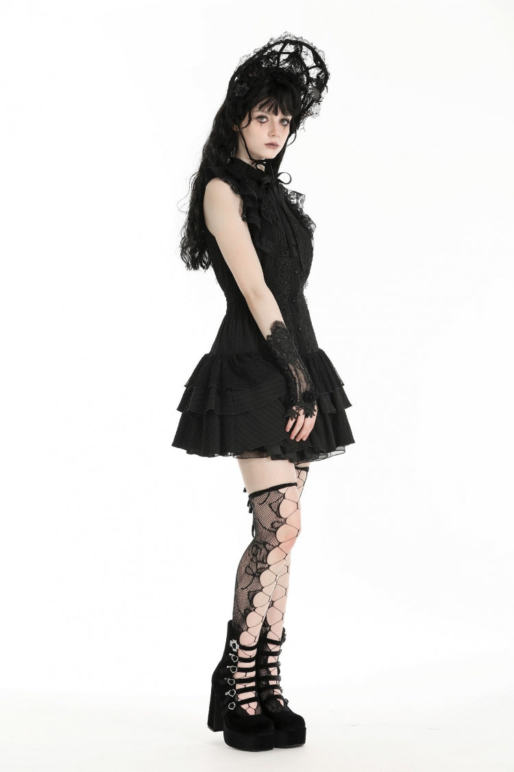 Gothic Sleeveless Black Lace Bow-Accented High-Neck Triple-Tiered Hem Long Dress