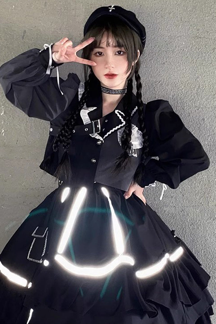 Gothic Lolita Dress Set with Reflective Strips and Ruffled Pleats