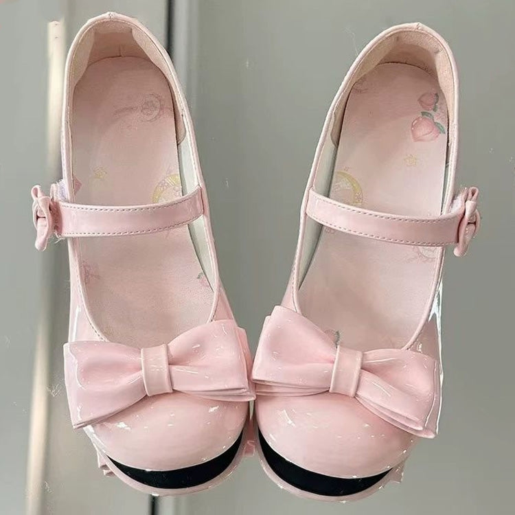 Velcro Strap Bow Mary Jane Shoes for Lolita - Two Heel Heights