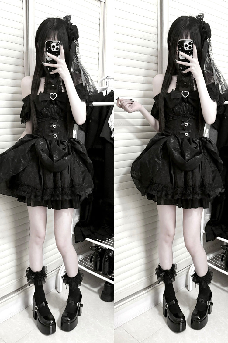Black [Rose Dream] Halterneck Short Sleeve Print Ruffle Bowknot Lace Gothic Jirai Kei Gown