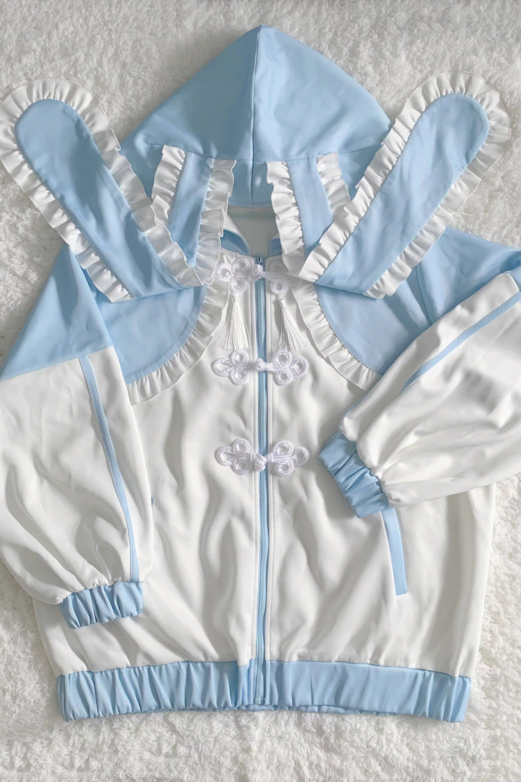 Ivory and Blue Bunny-Eared Hooded Ruffle Jacket - Jirai Style