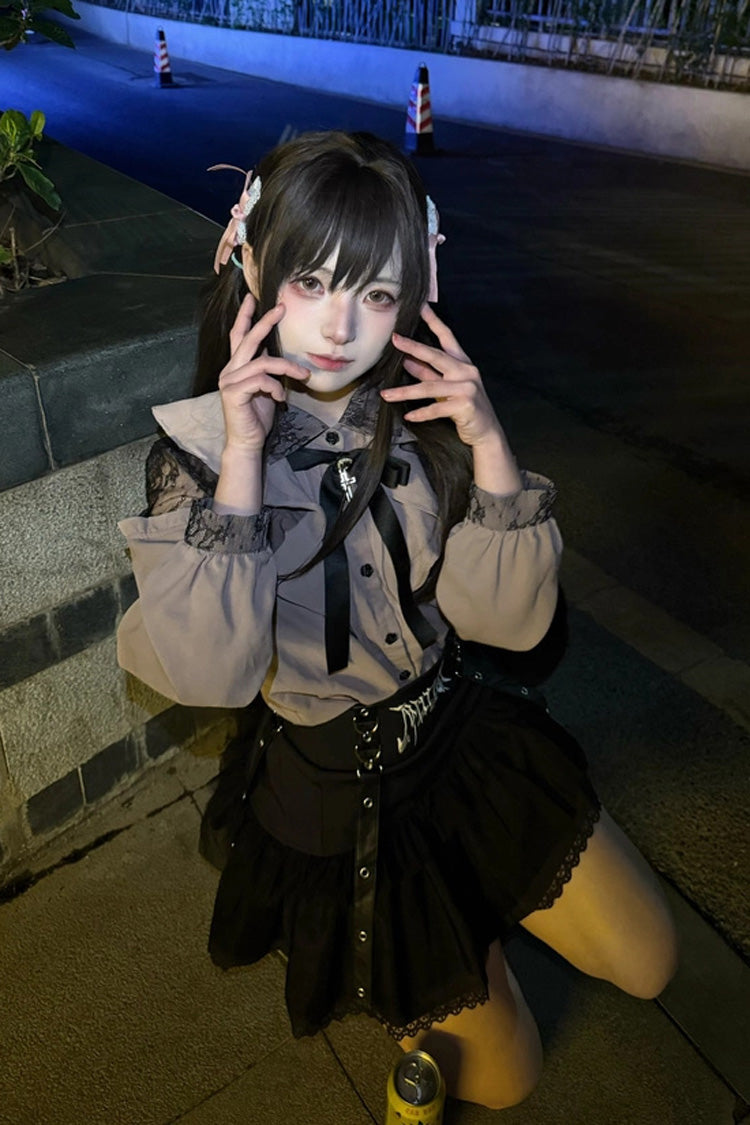 Black High Waisted Ruffle Embroidery Gothic Jirai Kei Japanese Mini