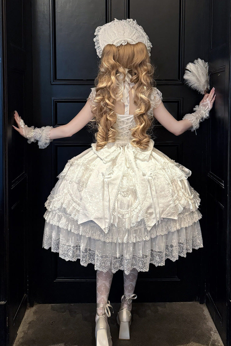 Ivory Square Collar Sleeveless Multi Bridal Embroidered Bow Lace JSK
