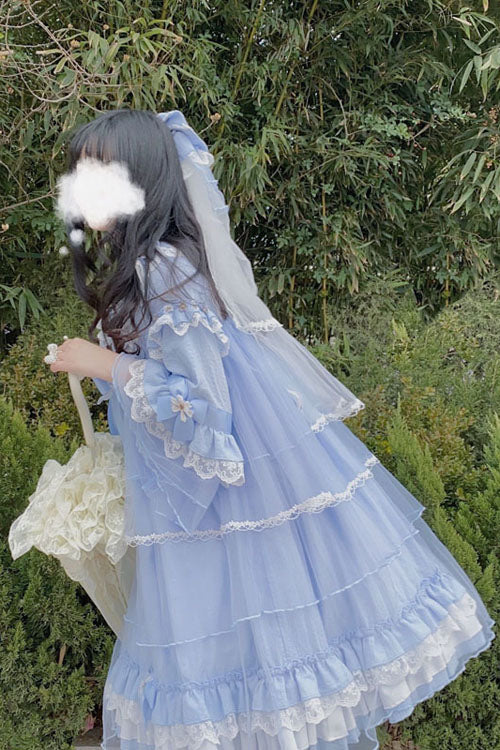 Azure Bow-Adorned Flared-Sleeve Ruffled Tiered Sweet Lolita Gown