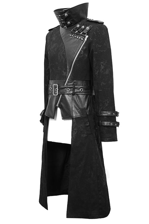 Printed Belted Long Punk Coat with Open Collar