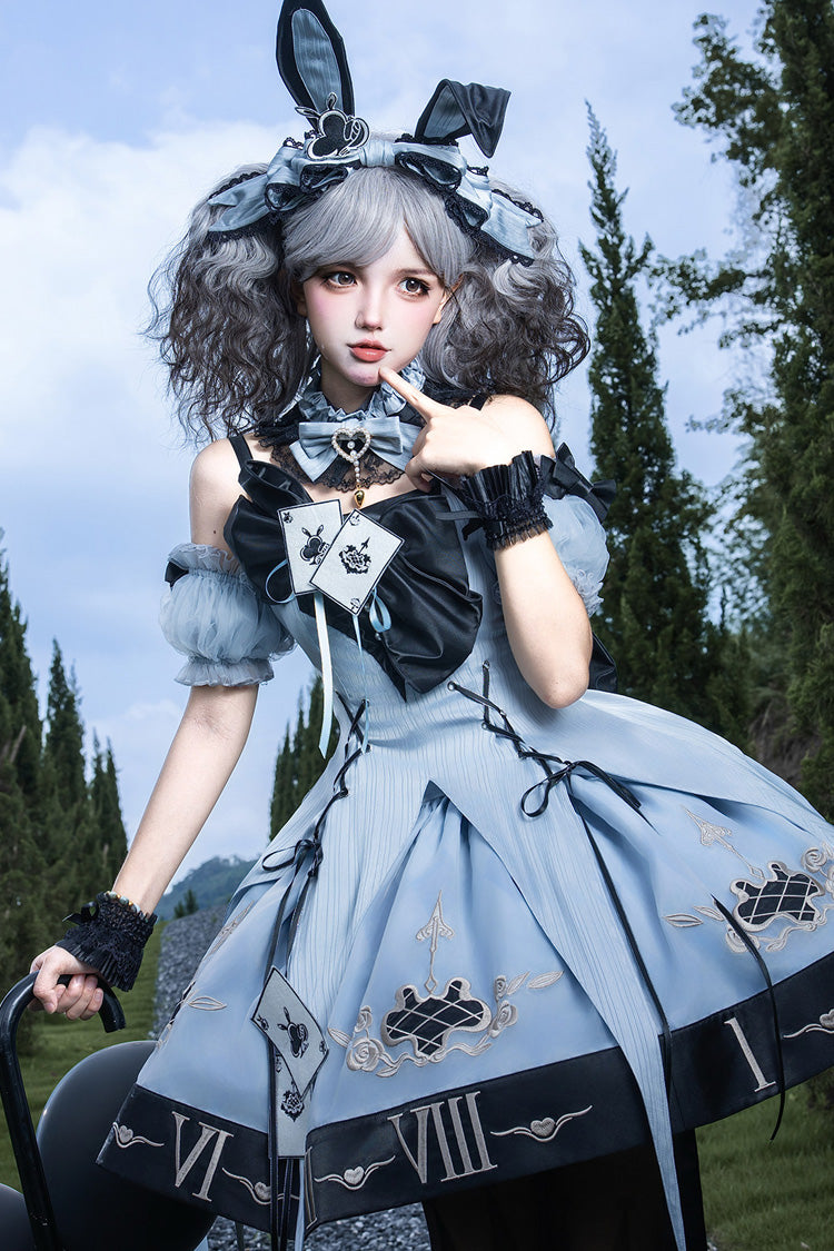 Blue Sleeveless Gothic Lolita JSK Dress Jacquard Ruffled Lace-Up - The Clock Rabbit's Card Game