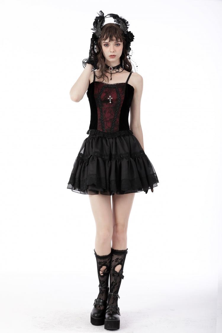 Dark Red Cross-Strap Jacquard Gothic Overbust Corset