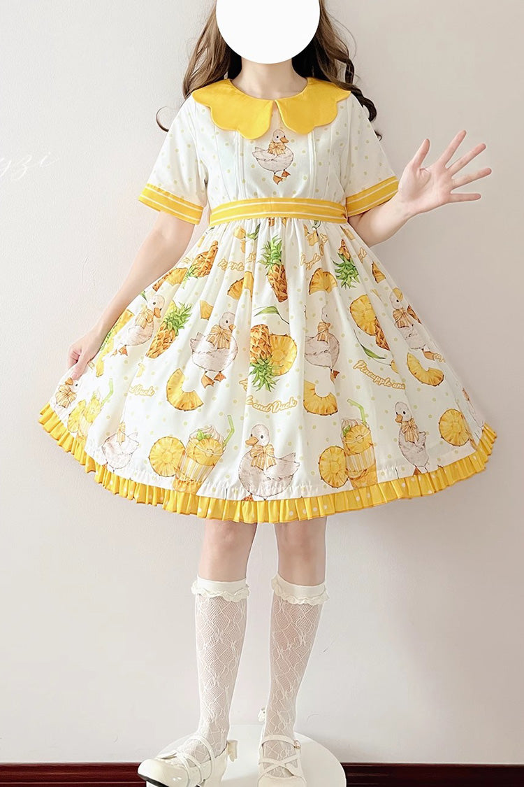 Ivory and Yellow Short Sleeve Duck Print Ribbon Sweet Lolita One-Piece
