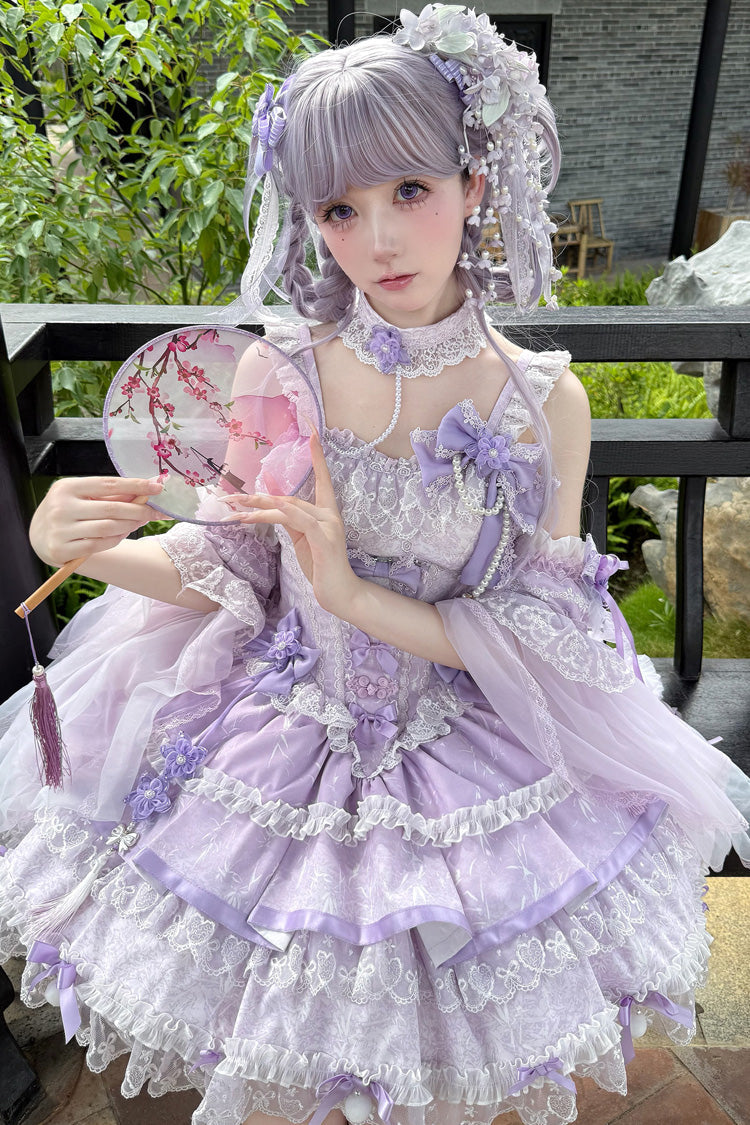 Violet Cherry Prelude Square Collar Sleeveless Jacquard Ruffled Bow Pearl Lace JSK