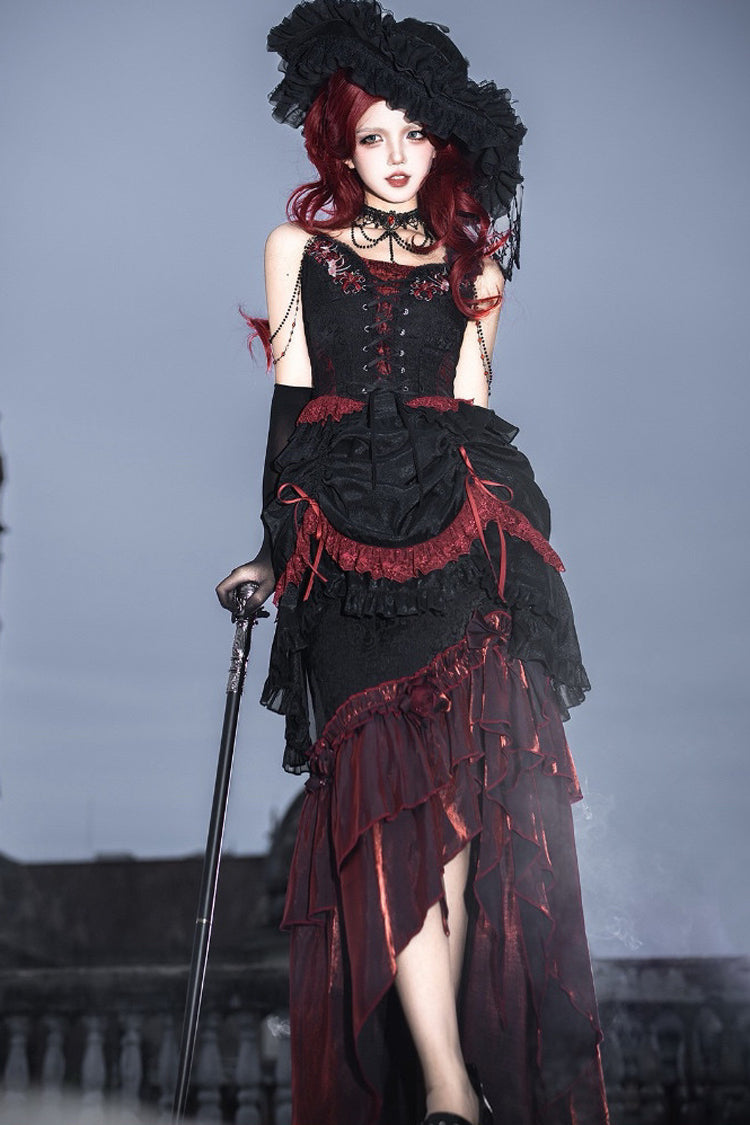 Black/Red Embroidered Lace-Up Gothic Skirt Set with Ruffles