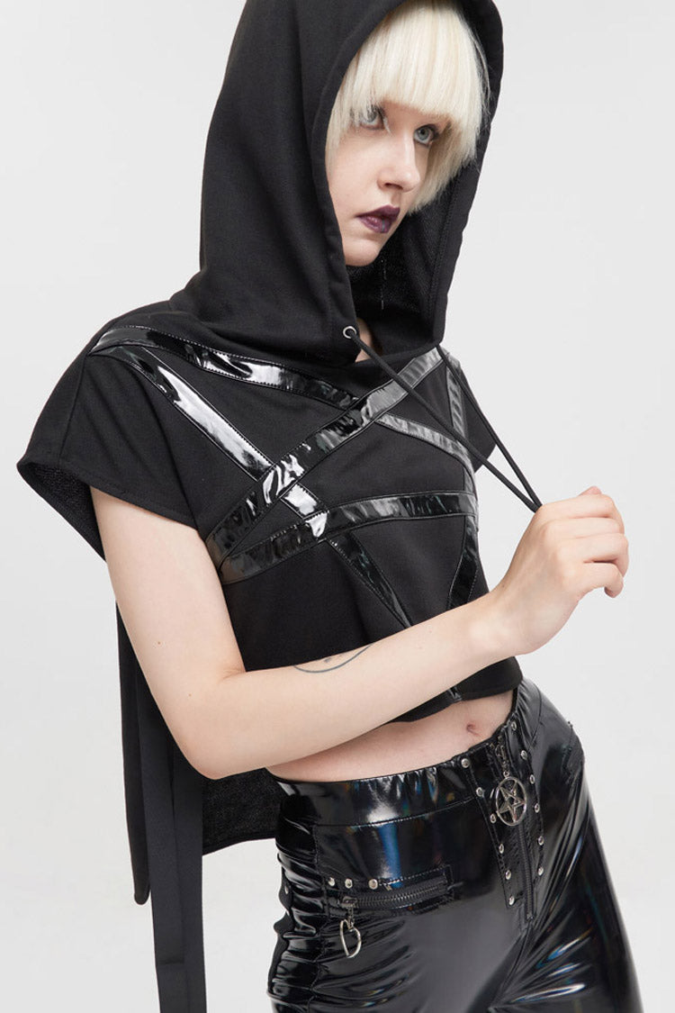 Punk Hoodie Tee with Pentagram Print and Leather Accents