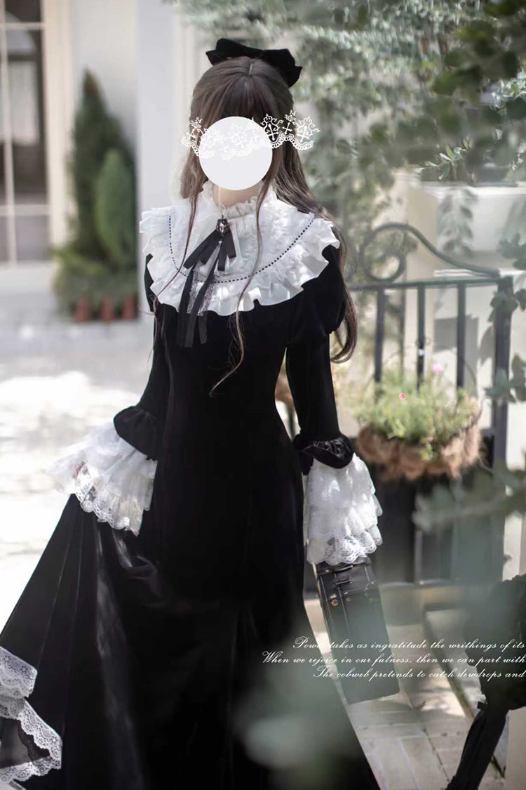 Velvet Hime Sleeve Ruffle Bowknot Gothic Lolita Fishtail Dress Black