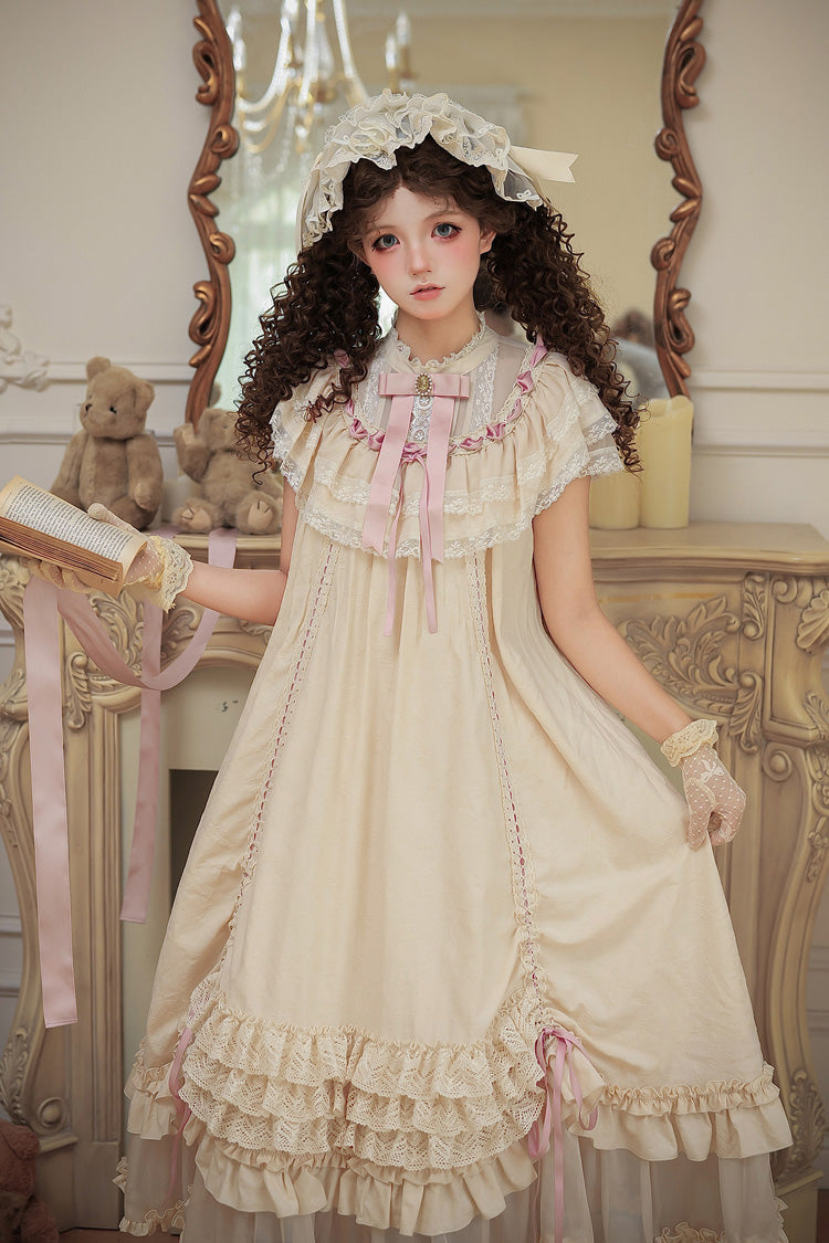 Apricot Sweet Lolita Dress with Stand Collar Short Sleeves Loose Doll-Like Ruffled Bow Lace