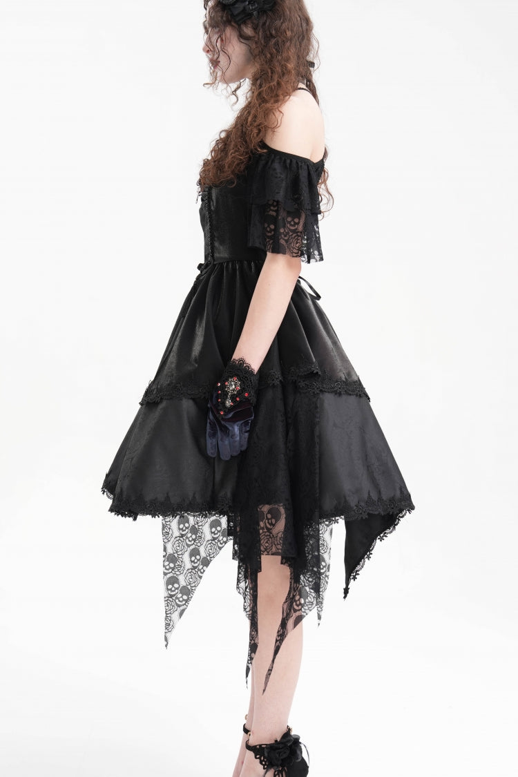 Delicate Black Lace Lace-Up Irregular Hem Halter Gothic Dress