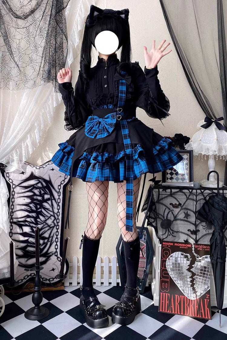 Plaid Print Lolita Skirt with Bowknot, Ruffles, Dark Girl Style