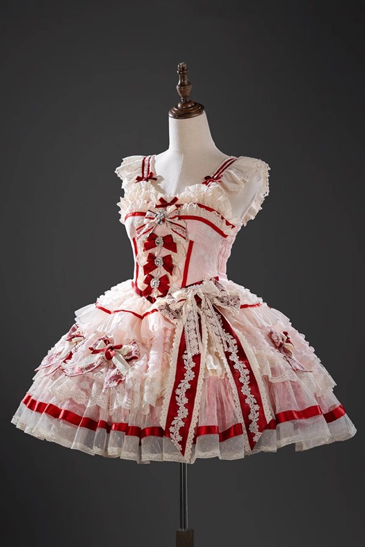 Moonstone Sleeveless Ruffle Embroidery Bow Lace Fishbone Princess Dress in Pink