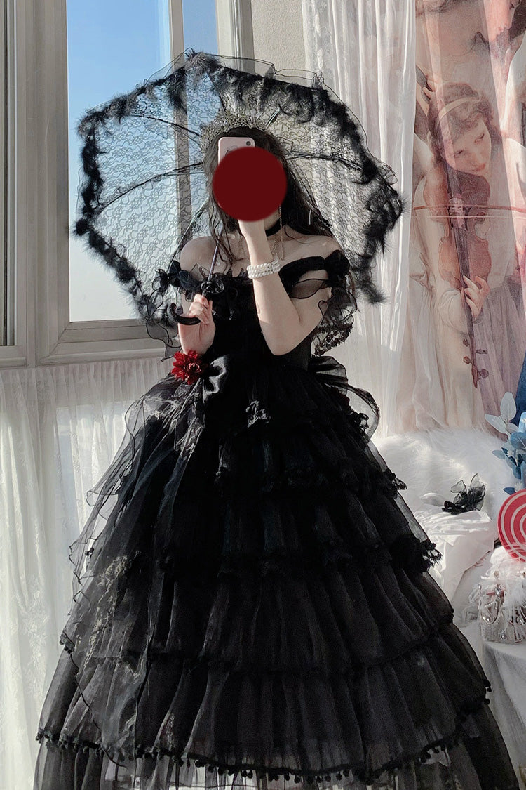 Hanayome Gothic Lolita JSK Dress with Pearl and Bow, Black