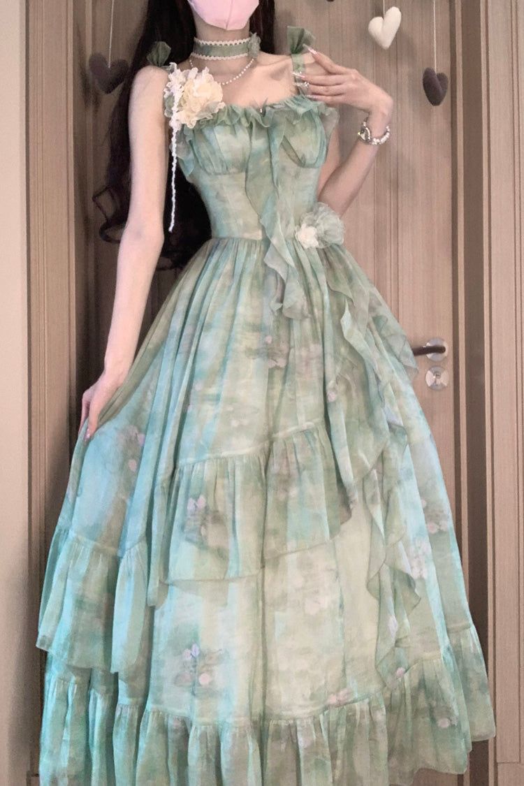 Green Sweet Lolita JSK Long Dress with Print and Ruffle Bowknot Style