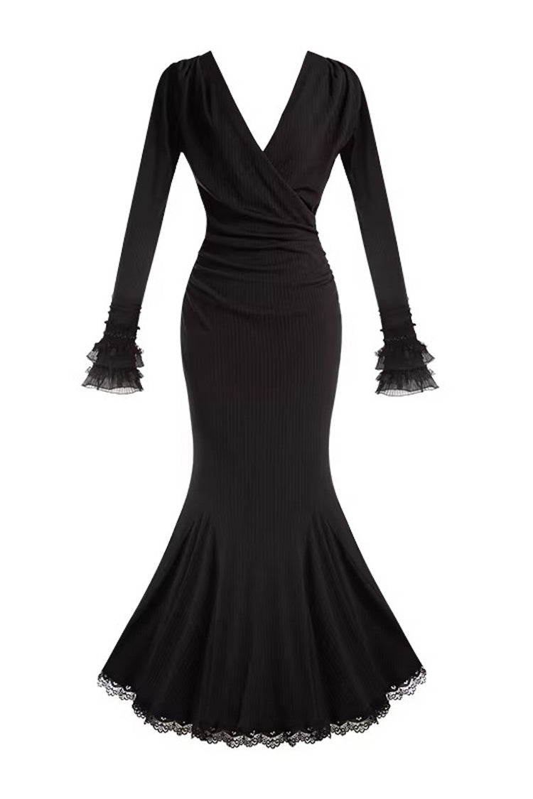 Slim Gothic Fishtail Dress with Stretch Knit - Black