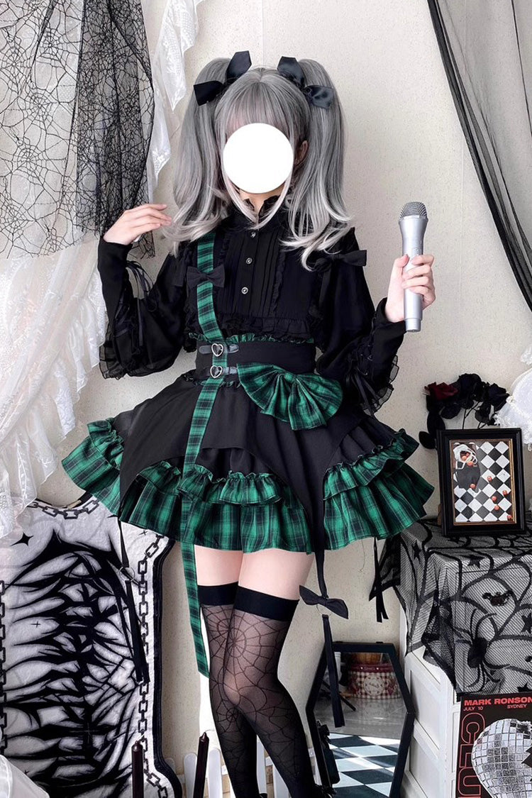 Plaid Print Lolita Skirt with Bowknot, Ruffles, Dark Girl Style
