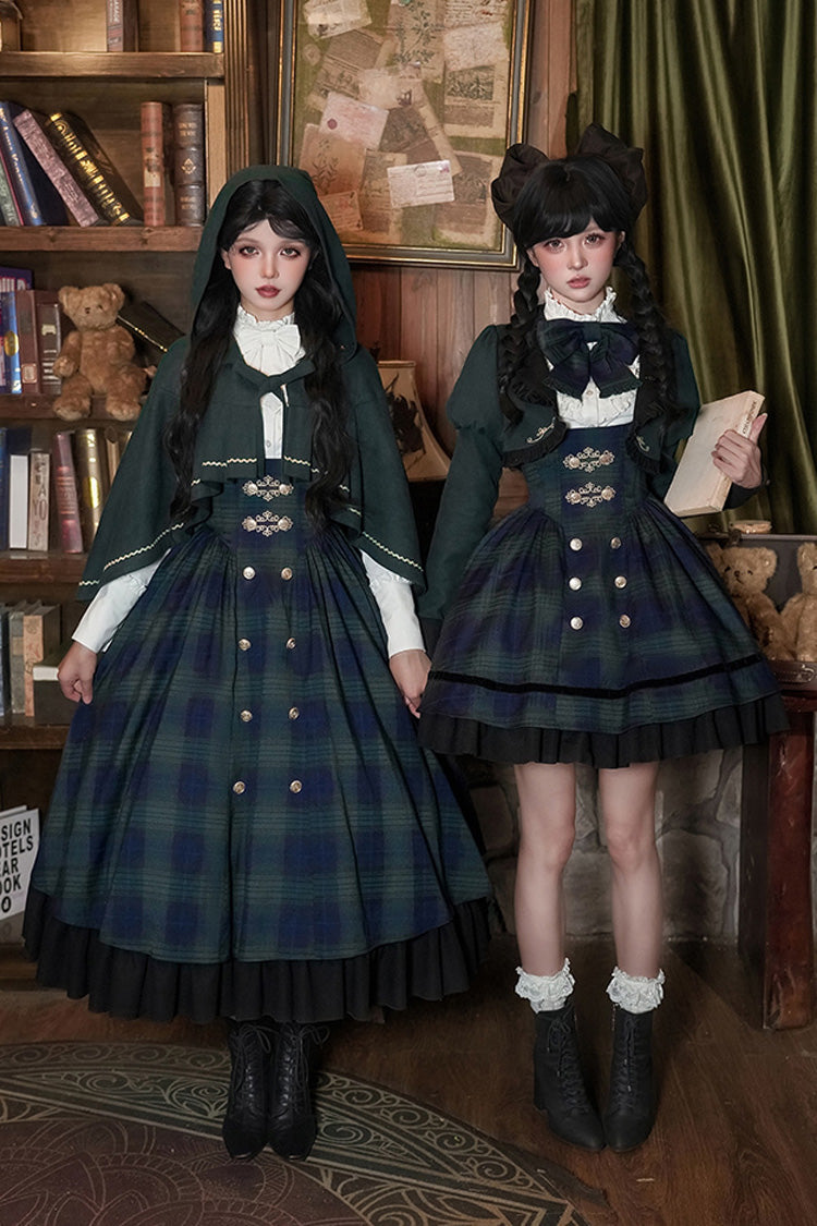 Blue Green Berlin Letter Double-Layered Plaid Print Ruffle Bowknot Classic College Style Lolita Strap Dress Set