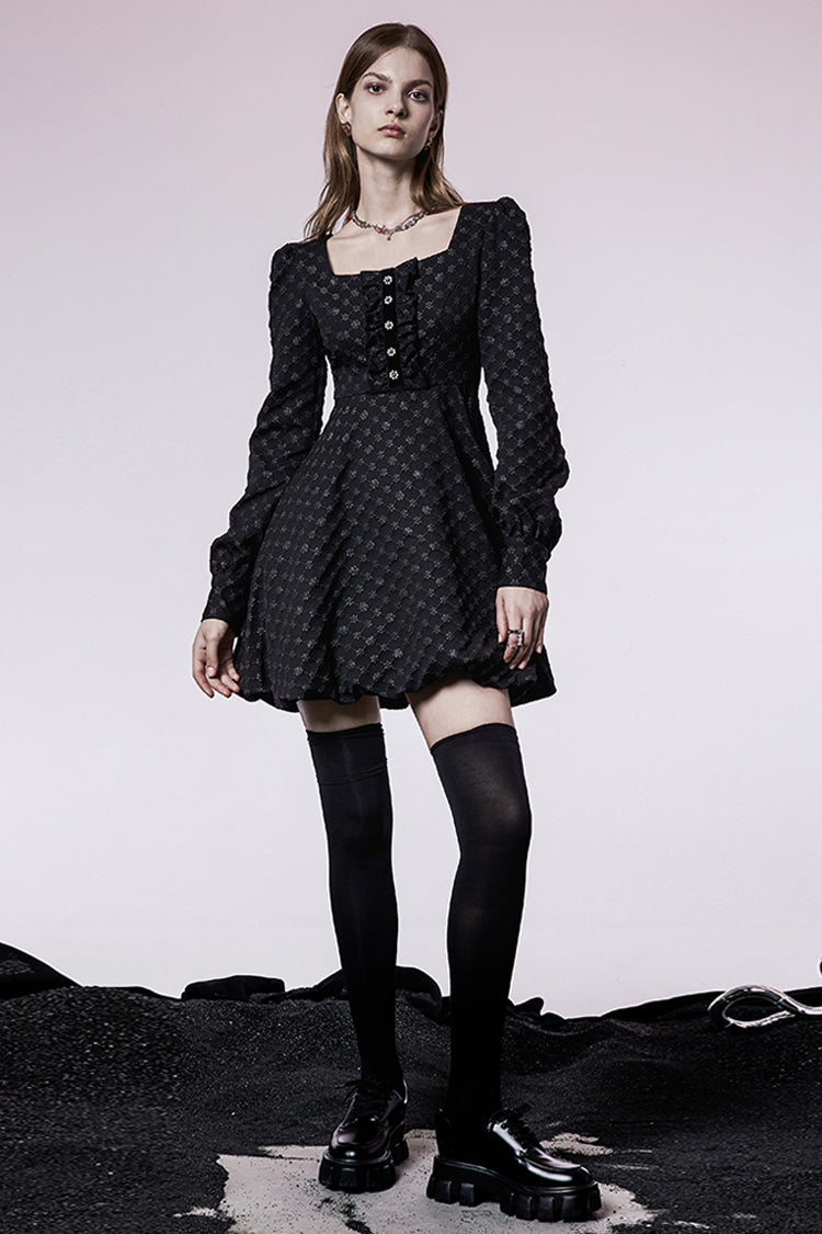 Pearl Nail Square Neck Tucked Waist Flower Bud Punk Dress