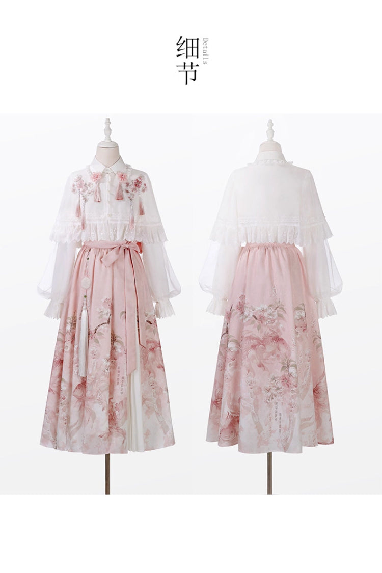 Ivory and Pink Cherry Blossom Rain Lapel Collar Long Sleeve High-Waist Printed Sweet Hanfu Dress Set
